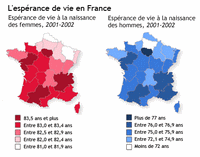 Carte de la France avec l'espérance de vie à la naissance en 2001-2002 par région