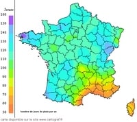 Carte de France météorologique nombre jour pluie par an