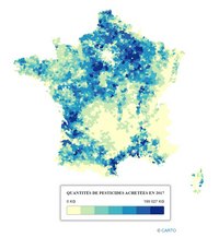 Cartographie illustrant la quantité de pesticide achetée par commune sur le territoire français