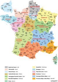 Carte de la France avec les régions, les départements, les préfectures et les chef-lieux