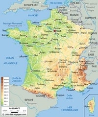 Carte de France avec le relief, l'altitude en mètre, les villes et les fleuves