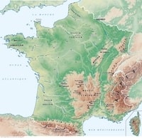 Grande carte de France avec les reliefs et sommets montagneux et l'altitude