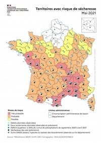 Carte de France avec le risque de sécheresse en mai 2021 avec le niveau et le débit des eaux souterraines