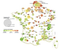 Carte de France avec les scores de fragilité des villes moyennes en fonction de la croissance de la population et de l'emploi