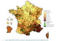 Carte de France avec la surface d'agriculture biologique certifiées et la surface en conversion