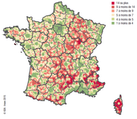 Carte de la France avec le temps médian d'accès routier aux services de la vie courante (en minute)