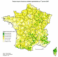 Carte de la France avec le temps moyen d'accès aux médecins généralistes