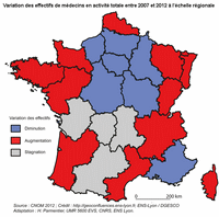 Carte de la France avec la variation des effectifs de médecin par région