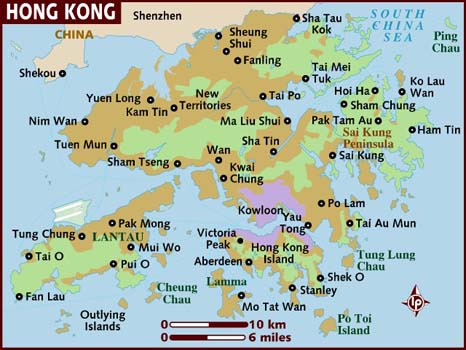 Carte de Hong Kong avec l'échelle en kilomètre et en miles.