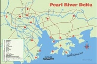 Carte du delta de la Pearl River et des différents territoires autour de Hong Kong.