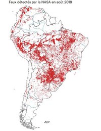 Carte des incendies de l'Amazonie en Amérique du Sud au mois d'août 2019