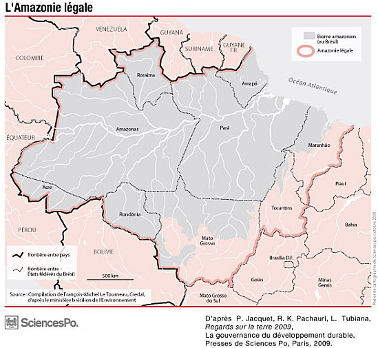 Carte du biome ( éco-région ) amazonien qui s'étend sur 9 Etats brésiliens pour former l'Amazonie légale.