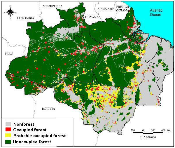 Carte de l'Amazonie légale avec les zones forestières et non forestières, les zones habitées, inhabitées ou probablement habitées.