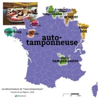 Carte linguistique de la France avec les variations pour le mot auto-tamponneuse