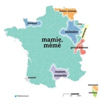 Carte linguistique de la France avec les differentes variantes du mot mamie