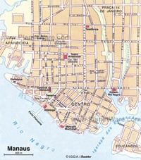 Carte de Manaus avec les rues, le port, la cathédrale, le théâtre et le marché municipal