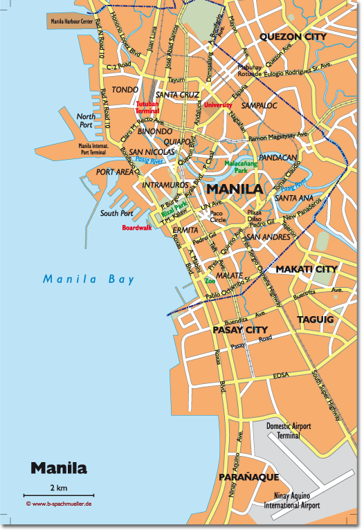 Carte de la ville de Manille avec la légende et le nom des rues