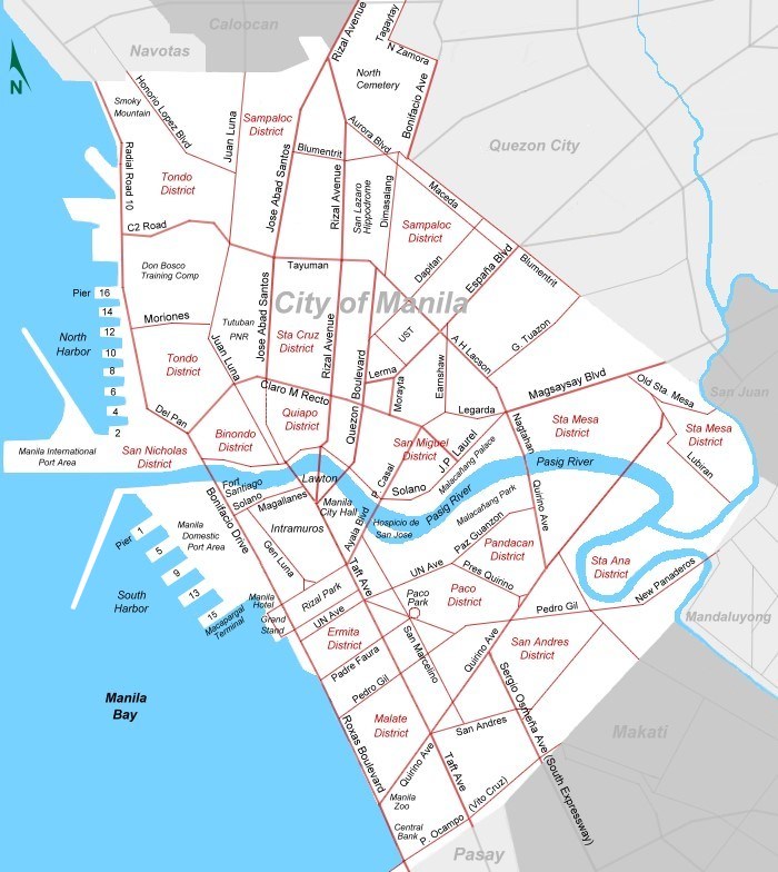 Carte de la ville de Manille avec le nom des rues et des quartiers.