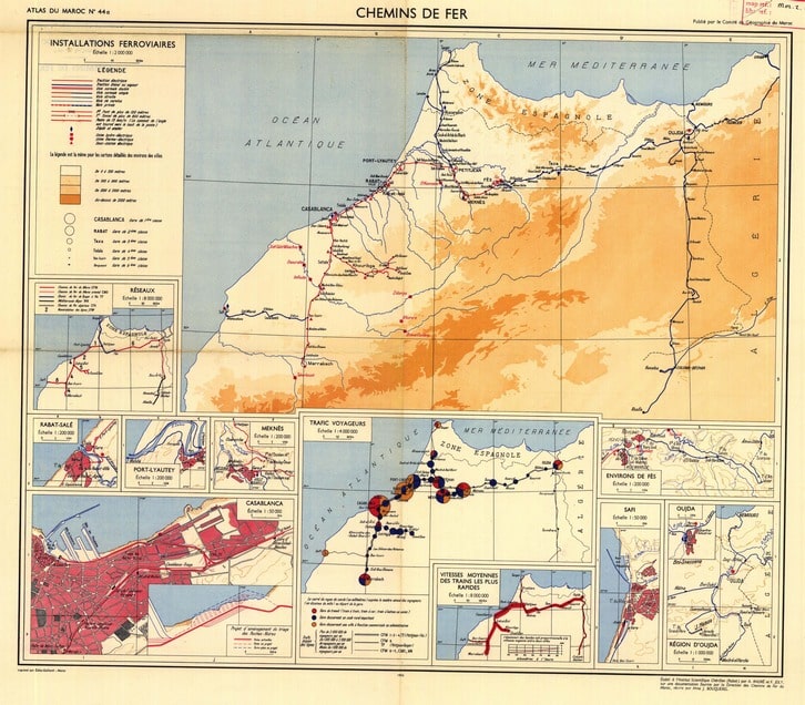 Ancienne carte du Maroc avec le système ferroviaire et l'altitude