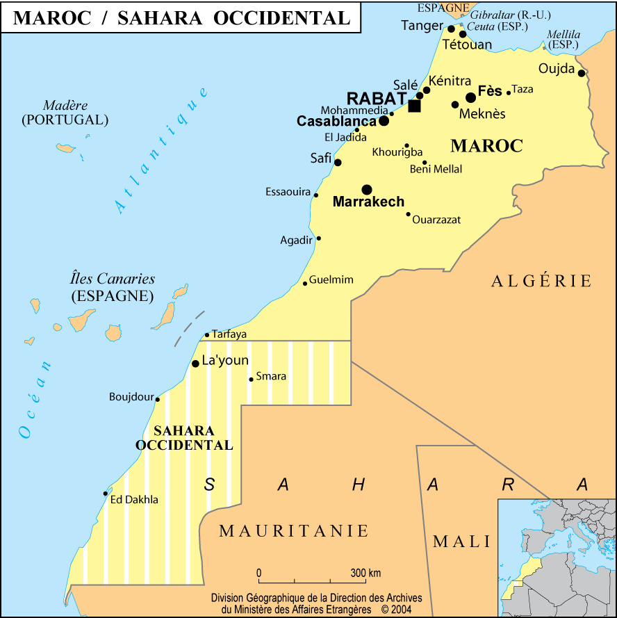 Carte du Maroc avec la capitale, les villes et le Sahara