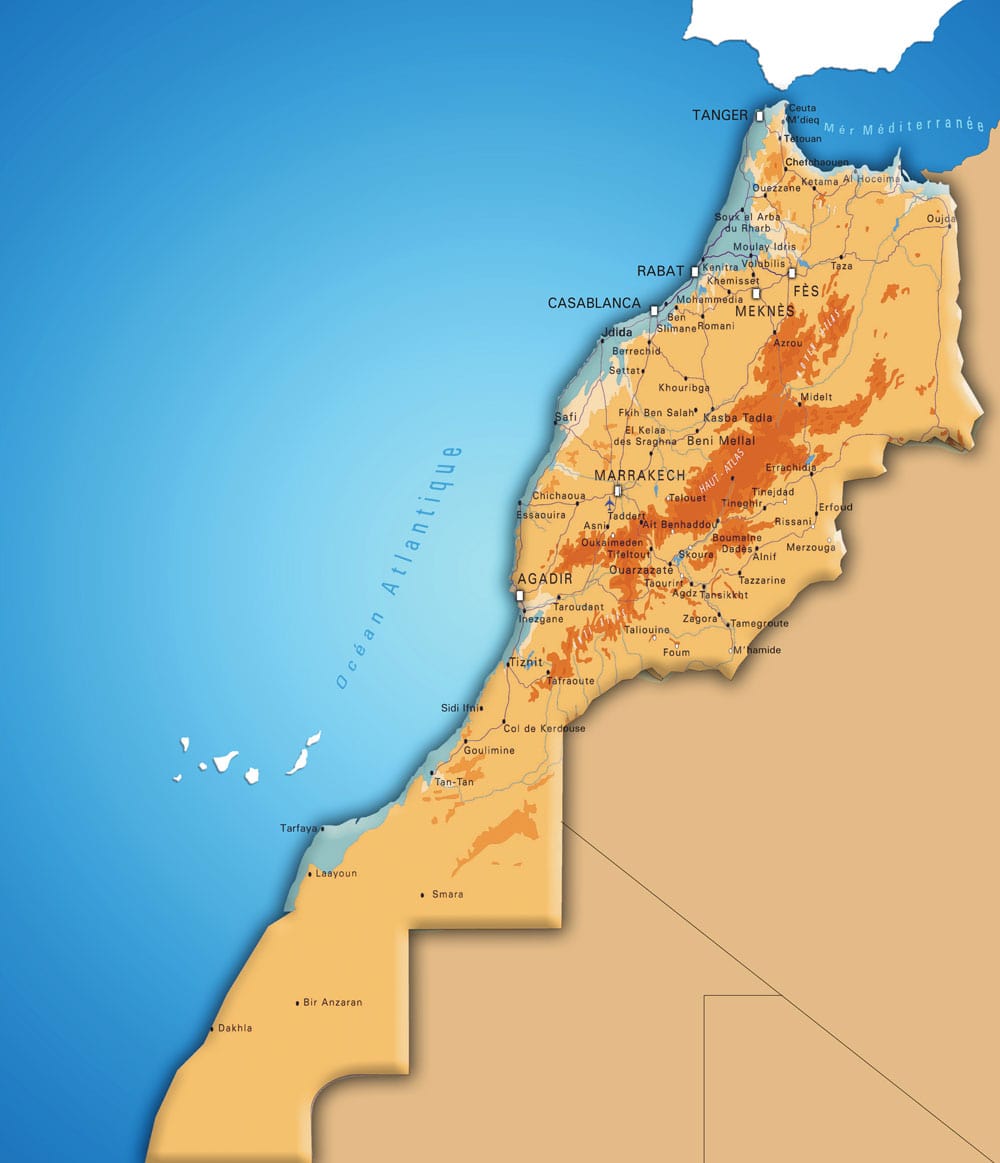 Carte du Maroc avec les villes, les routes et un effet 3D