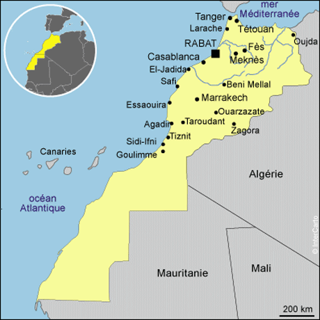 Carte du Maroc avec les fleuves, les villes et l'échelle