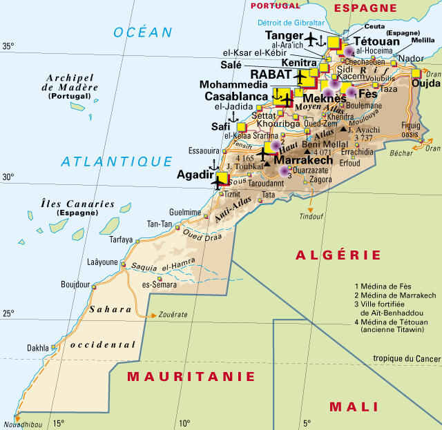 Carte du Maroc avec ville et aeroport
