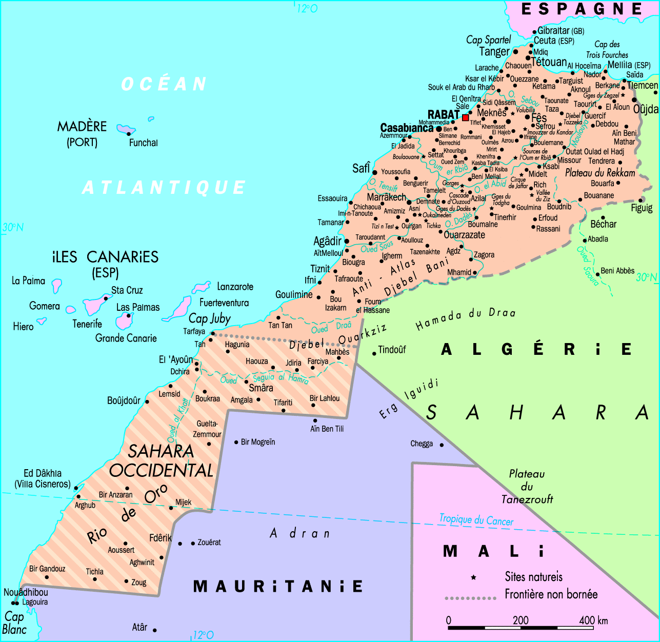 Carte du Maroc avec les régions, les villes et les frontières
