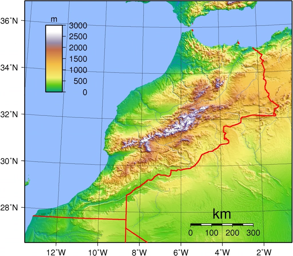 Carte du Maroc avec le relief et l'altitude en mètre