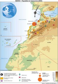 Carte du Maroc informations touristiques avec les ressources minières et la taille des villes