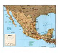 Carte du Mexique avec les frontières entre les Etats, la capitale, les routes, les chemins de fer et l'échelle.