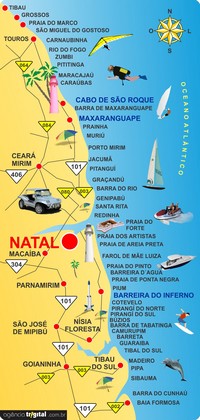 Carte de Natal avec le littoral, les routes, les sites touristiques et des illustrations