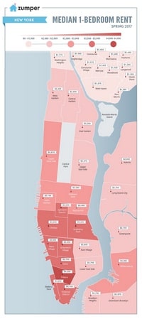 Carte de New York avec le prix de la location d'un petit appartement par mois