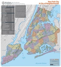 Grande carte de New York avec les quartiers, des informations géographiques, démographiques, économiques et historiques
