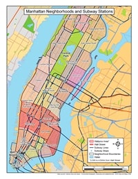 carte New York Wall Street zone Wallprox lignes arrêts métro