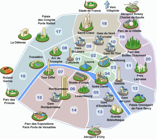 carte paris avec arrondissements et monuments