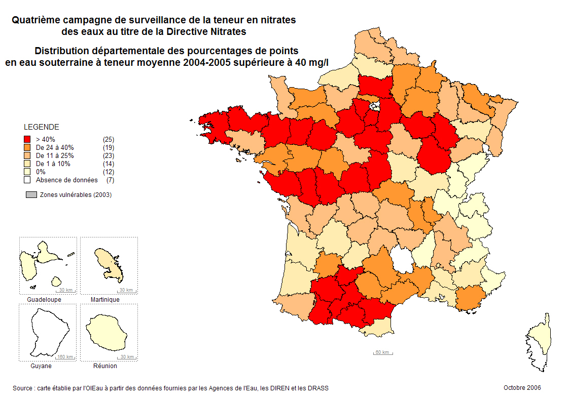 Carte de la pollution en nitrate des eaux en France
