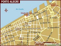 Carte de Porto Alegre centre, avec les rues, les avenues, la cathédrale, l'échelle en miles et en mètre