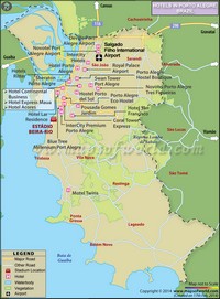 Carte de Porto Alegre avec les hôtels, le stade, les routes, l'aéroport et les quartiers