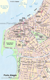 Carte de Porto Alegre centre avec les rues, les avenues, les théâtres, le musée, les parcs et la bibliothèque