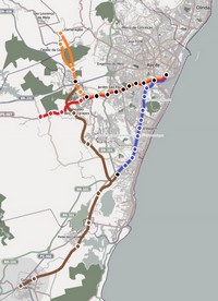 Carte de Recife avec les arrêts de métro et tram