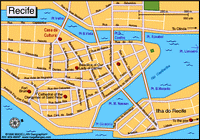 Carte de Recife centre avec les rues, le fort, la cathédrale et le centre culturel