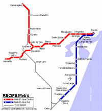 Carte de Recife avec le métro, le tram et l'aéroport