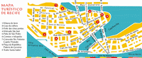 Carte de Recife avec les monuments importants, les musées, la maison de la culture, le fort et le théâtre