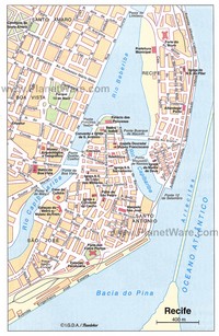 Carte de Recife avec les rues, les musées, les églises, la prefecture, le marché