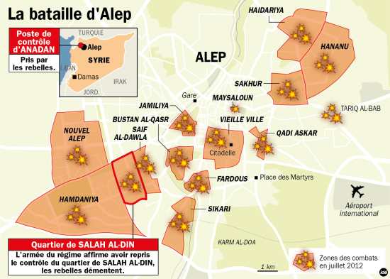 Carte de la bataille d'Alep en Syrie le 30/07/12