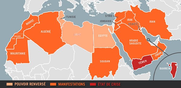 Carte des pays dont le pouvoir a été renversé, ceux qui connaissent des manifestations, et ceux qui sont en etat de crise.