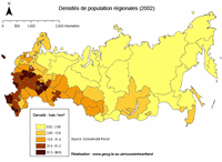 Carte Russie avec la densité de population par habitant au kilomètre carré