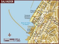 Carte de Salvador de Bahia centre avec les rues, les avenues, les églises, les quartiers et l'échelle en mètre et en miles