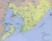 Carte de Salvador de Bahia et des environs avec l'aéroport, l'autoroutes, les routes, les ports et les phares